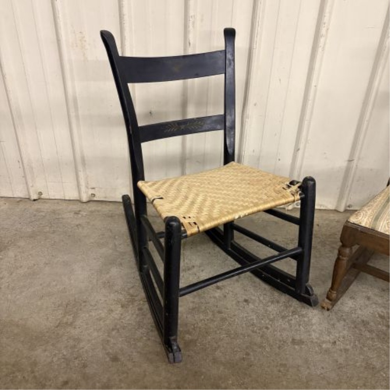 Two Antique American Armless Sewing Rockers in Hitchcock and Colonial Revival Styles