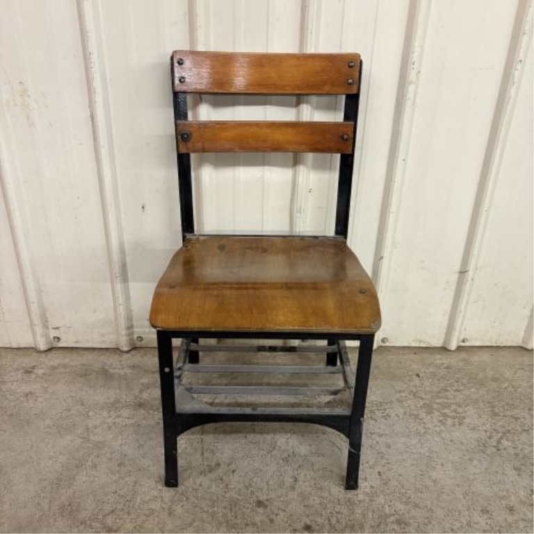 Vintage Industrial Steel and Wood Side Chair with Integrated Book Rack