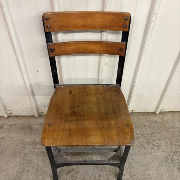 Vintage Industrial Steel and Wood Side Chair with Integrated Book Rack