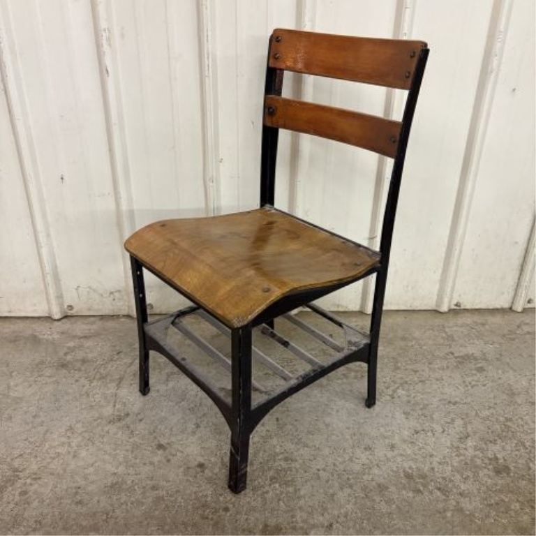 Vintage Industrial Steel and Wood Side Chair with Integrated Book Rack