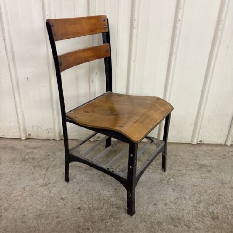 Vintage Industrial Steel and Wood Side Chair with Integrated Book Rack