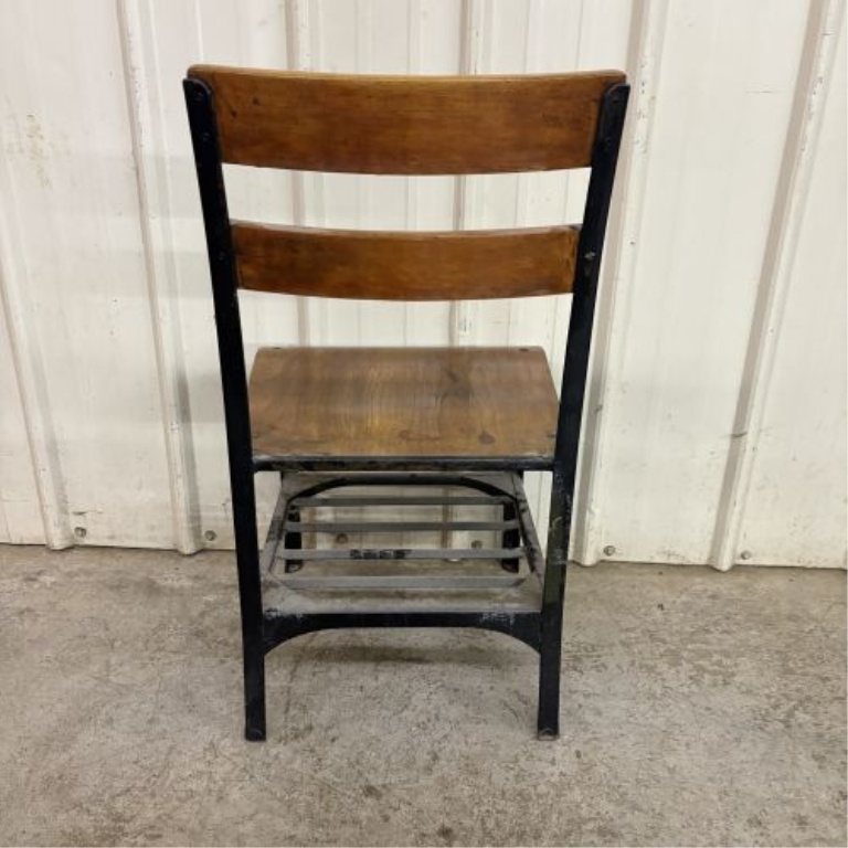 Vintage Industrial Steel and Wood Side Chair with Integrated Book Rack
