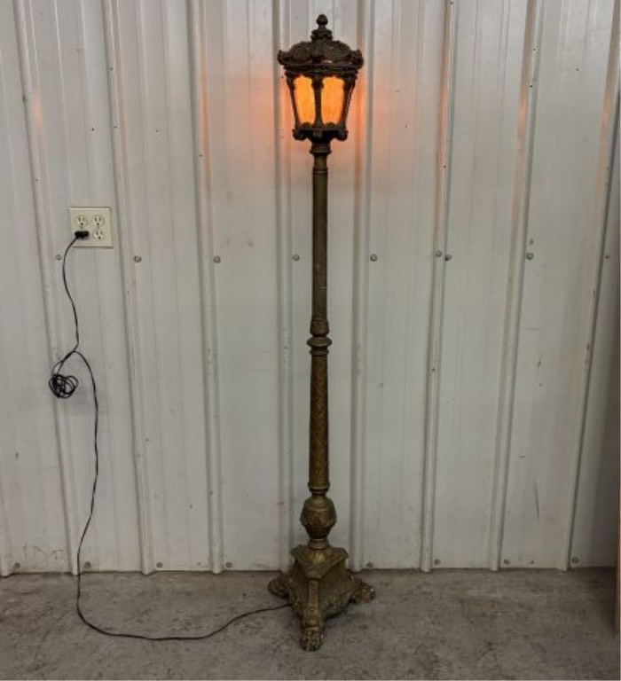 Antique Victorian Style Cast Metal and Amber Slag Glass Street Lamp Floor Lamp