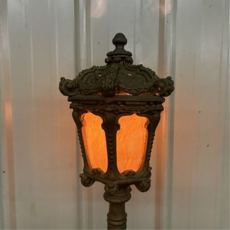 Antique Victorian Style Cast Metal and Amber Slag Glass Street Lamp Floor Lamp