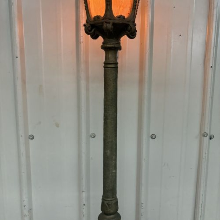 Antique Victorian Style Cast Metal and Amber Slag Glass Street Lamp Floor Lamp