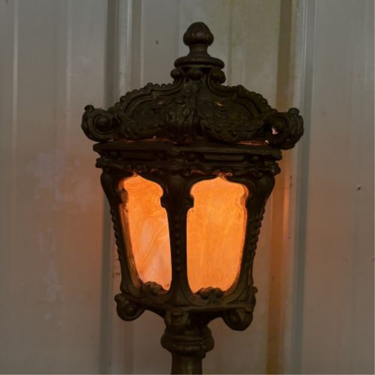 Antique Victorian Style Cast Metal and Amber Slag Glass Street Lamp Floor Lamp