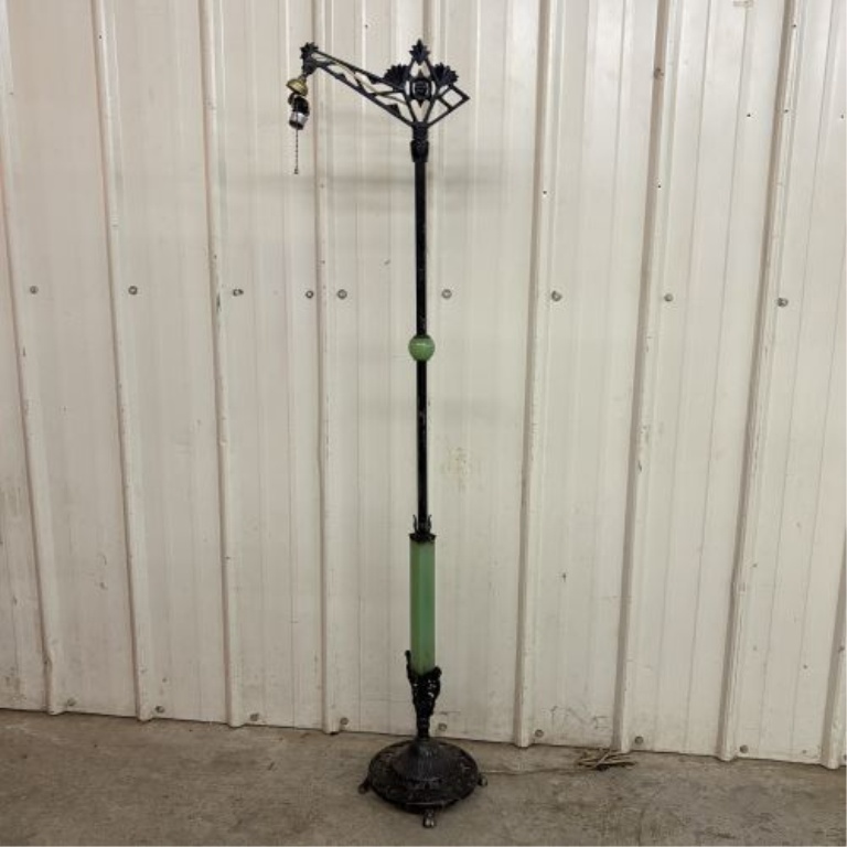 Art Deco Cast Metal Bridge Arm Floor Lamp with Uranium Glass Accents