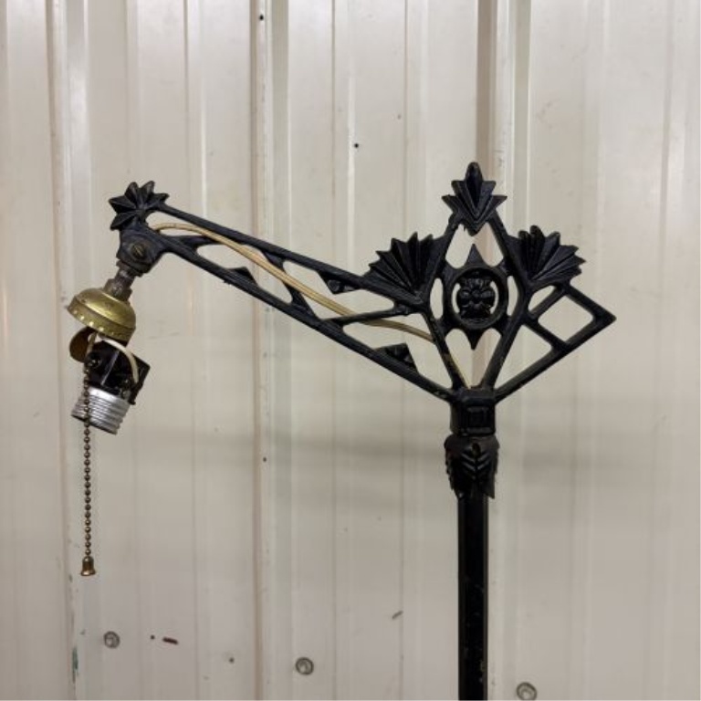 Art Deco Cast Metal Bridge Arm Floor Lamp with Uranium Glass Accents