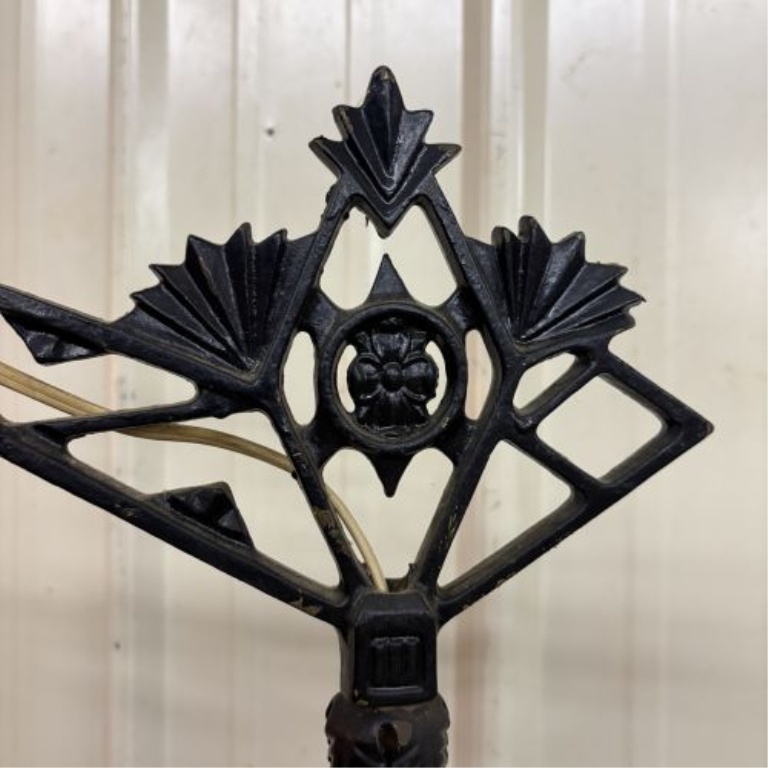Art Deco Cast Metal Bridge Arm Floor Lamp with Uranium Glass Accents