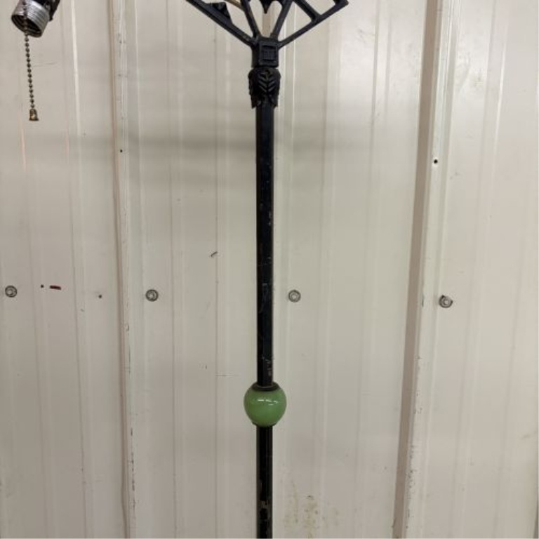 Art Deco Cast Metal Bridge Arm Floor Lamp with Uranium Glass Accents
