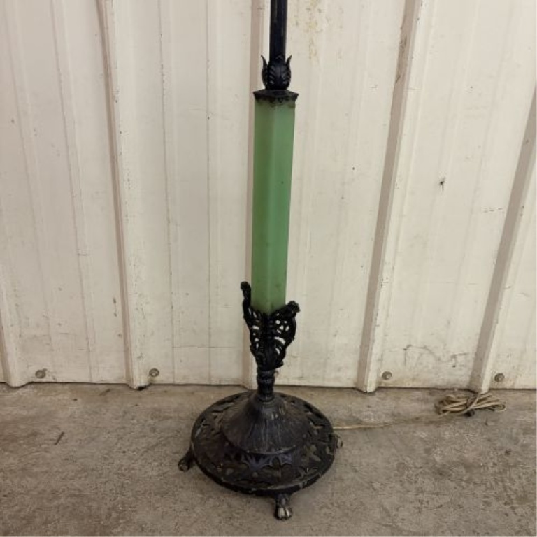 Art Deco Cast Metal Bridge Arm Floor Lamp with Uranium Glass Accents