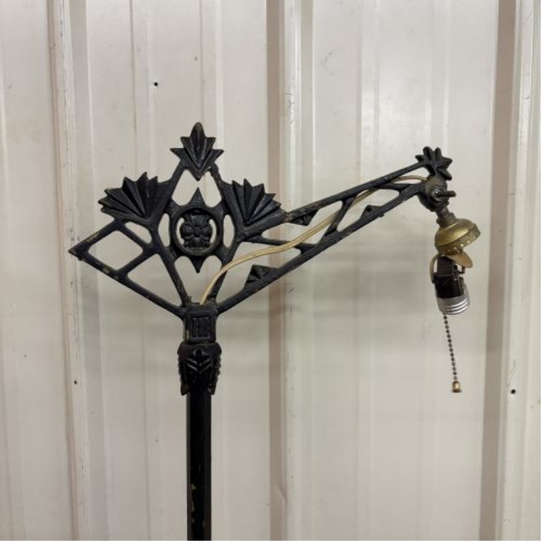 Art Deco Cast Metal Bridge Arm Floor Lamp with Uranium Glass Accents