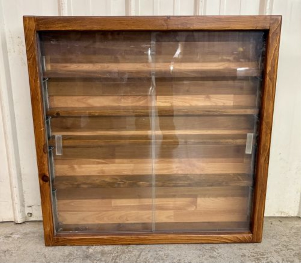 Stained Wood Square Collector Display Cabinet with Sliding Doors and Adjustable Shelving