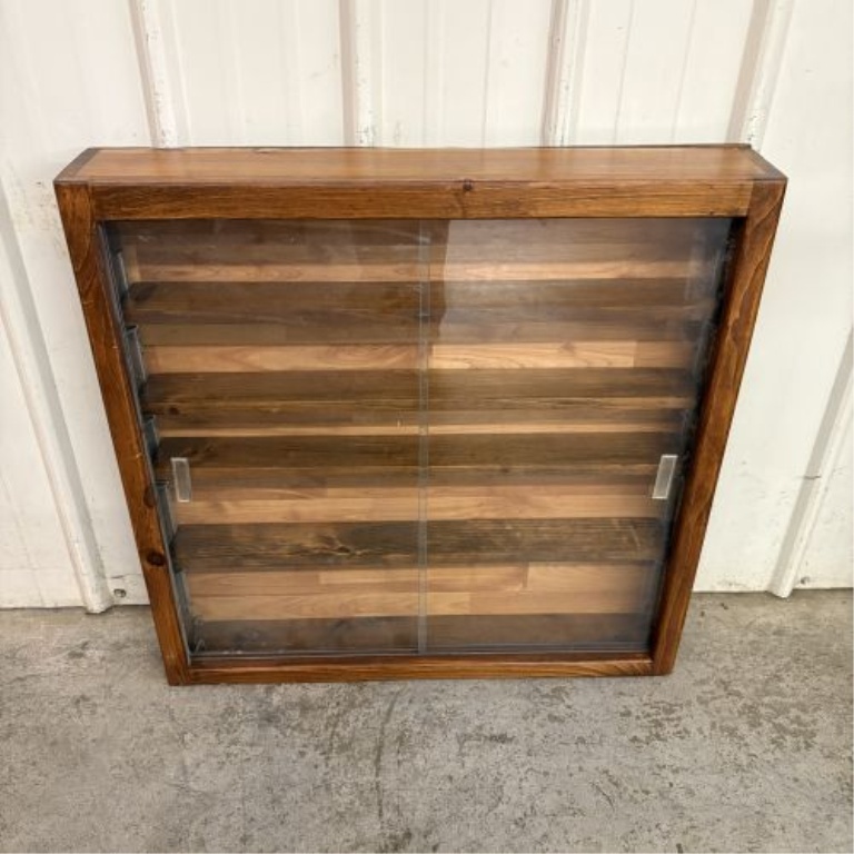 Stained Wood Square Collector Display Cabinet with Sliding Doors and Adjustable Shelving