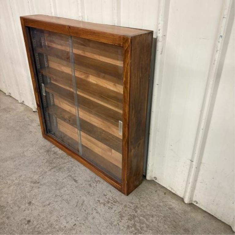 Stained Wood Square Collector Display Cabinet with Sliding Doors and Adjustable Shelving