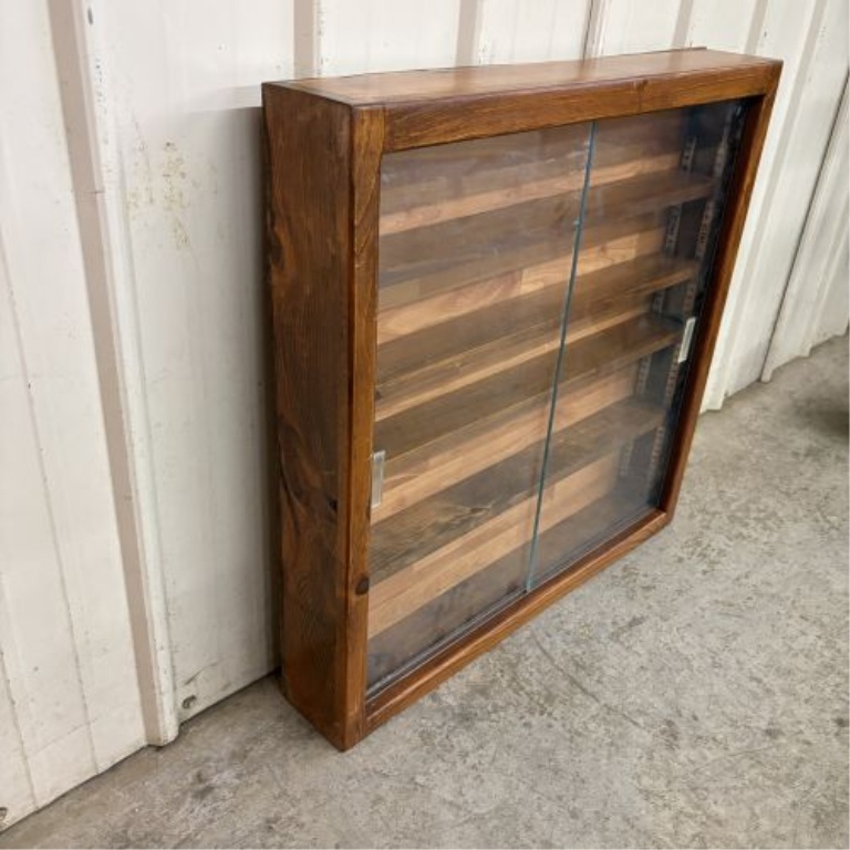 Stained Wood Square Collector Display Cabinet with Sliding Doors and Adjustable Shelving