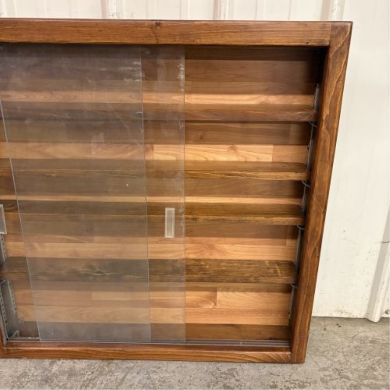 Stained Wood Square Collector Display Cabinet with Sliding Doors and Adjustable Shelving