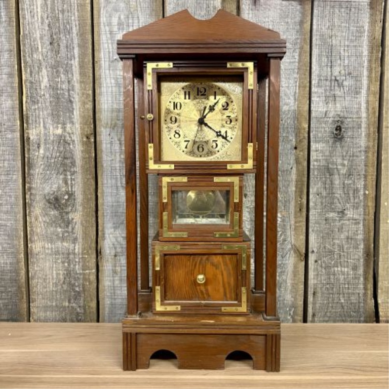Campaign Style Wood Triple Decker Quartz Mantel Clock with Pendulum