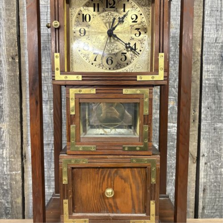 Campaign Style Wood Triple Decker Quartz Mantel Clock with Pendulum