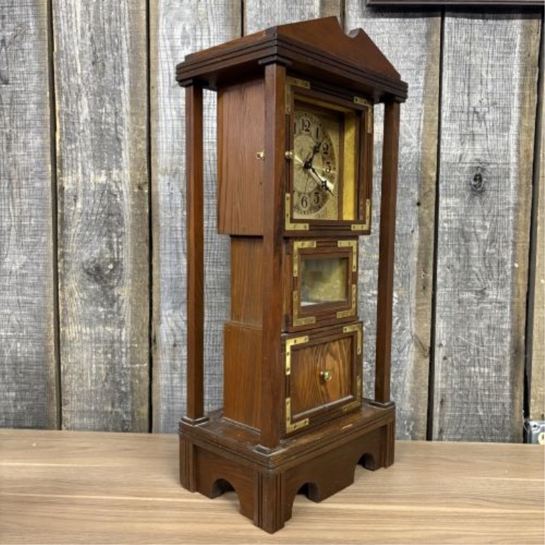 Campaign Style Wood Triple Decker Quartz Mantel Clock with Pendulum