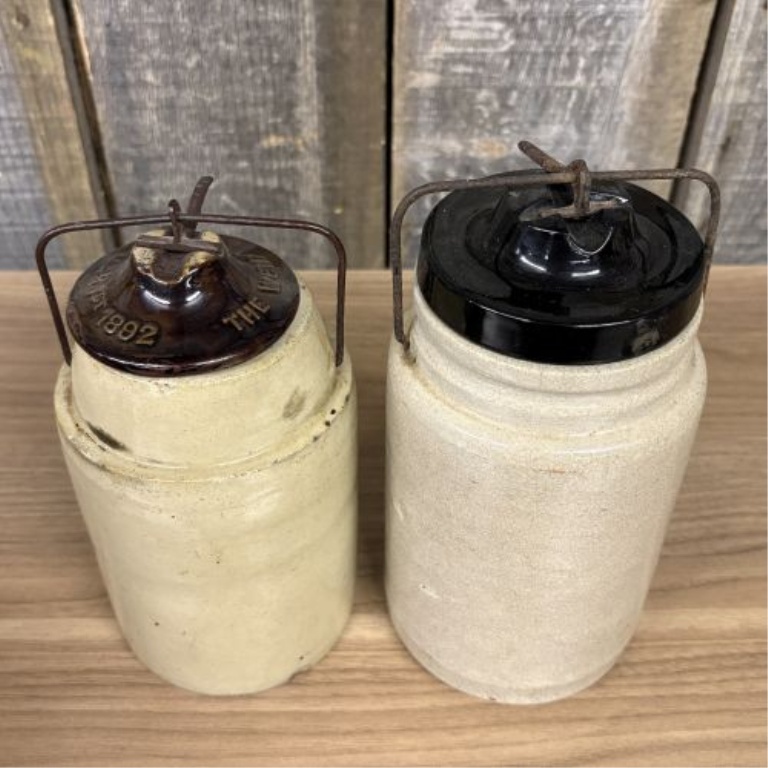 A Pair of Antique American Stoneware Canning Jars including The Weir Patent March 1 1892