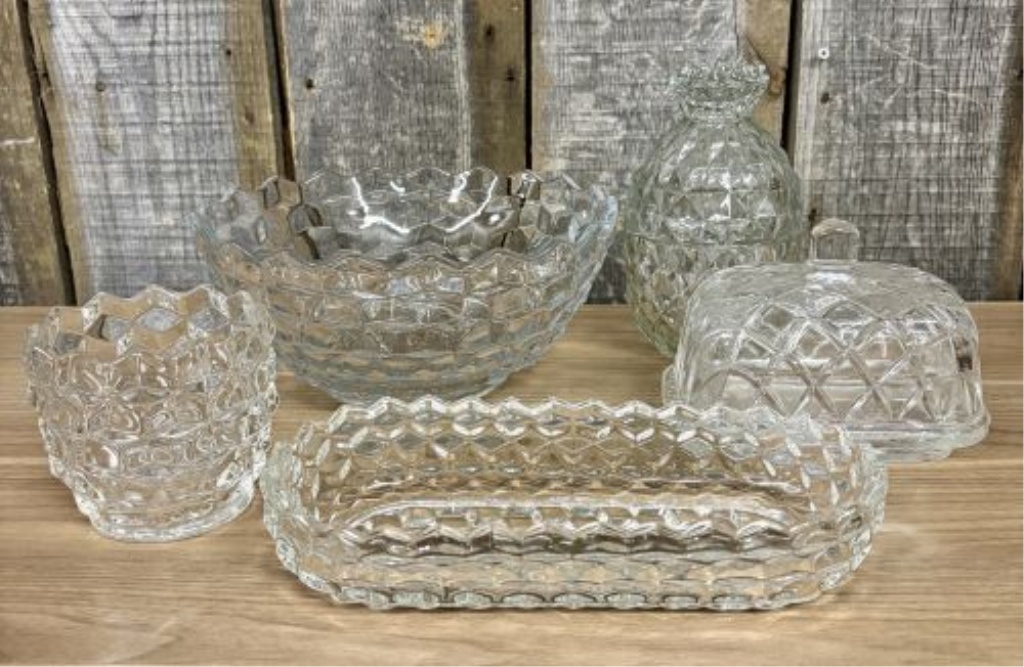 A Set of Five Clear Pressed Glass Tableware Pieces in the Cubist Style