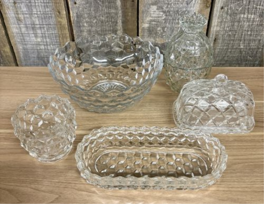 A Set of Five Clear Pressed Glass Tableware Pieces in the Cubist Style