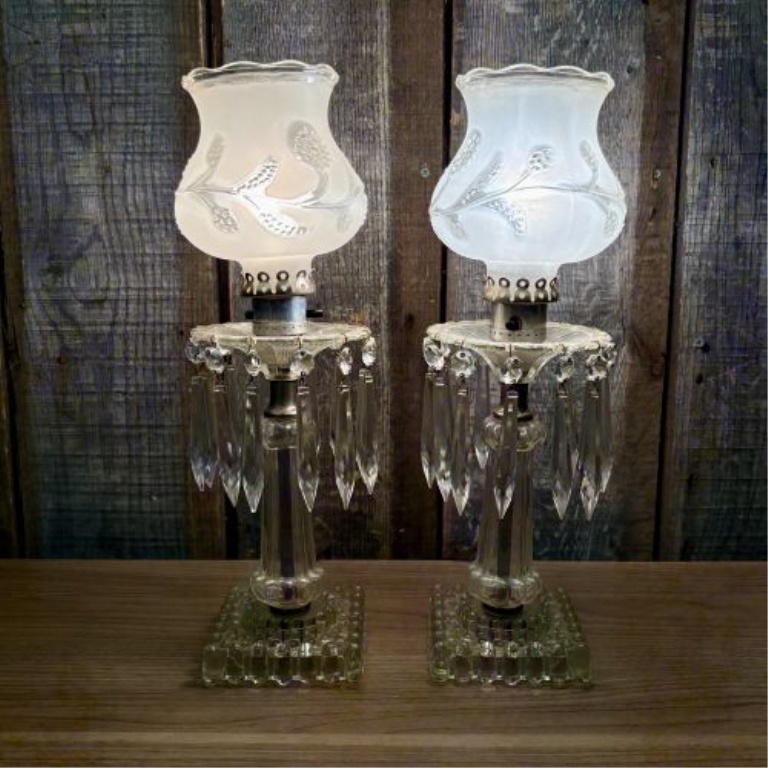 A Pair of Vintage Electric Boudoir Lamps with Frosted Glass Shades and Crystal Prisms
