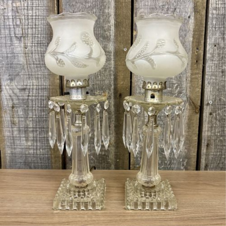 A Pair of Vintage Electric Boudoir Lamps with Frosted Glass Shades and Crystal Prisms