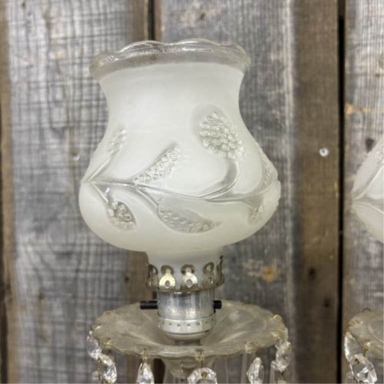 A Pair of Vintage Electric Boudoir Lamps with Frosted Glass Shades and Crystal Prisms