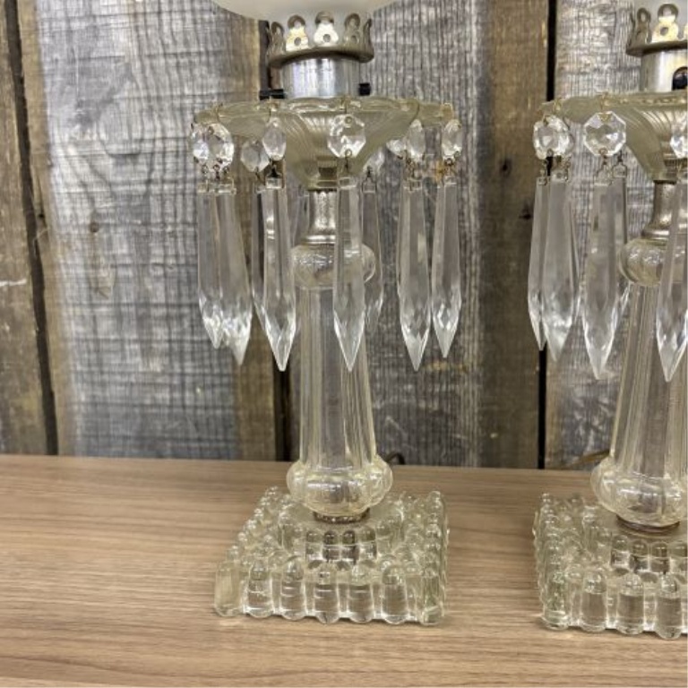 A Pair of Vintage Electric Boudoir Lamps with Frosted Glass Shades and Crystal Prisms