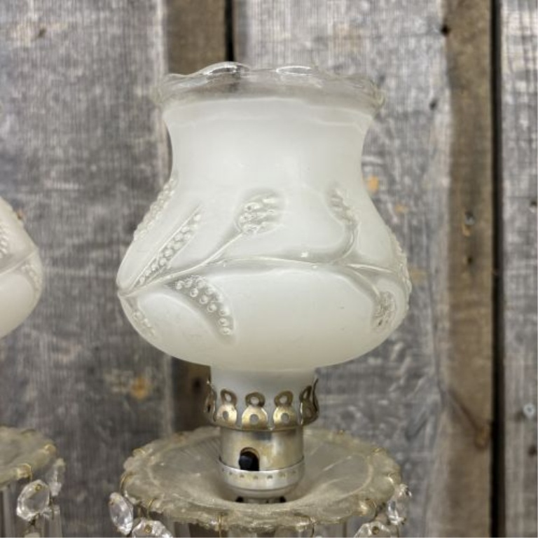 A Pair of Vintage Electric Boudoir Lamps with Frosted Glass Shades and Crystal Prisms