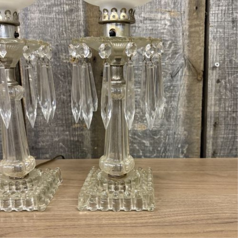 A Pair of Vintage Electric Boudoir Lamps with Frosted Glass Shades and Crystal Prisms