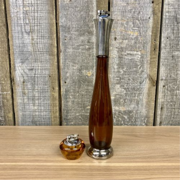 A Pair of Mid-Century Modern Amber Glass Table Lighters Including Viking Glass