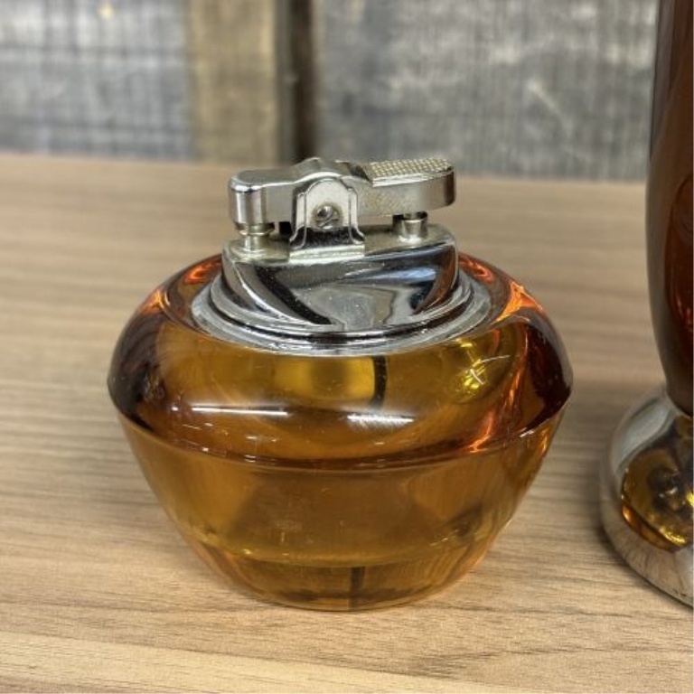 A Pair of Mid-Century Modern Amber Glass Table Lighters Including Viking Glass