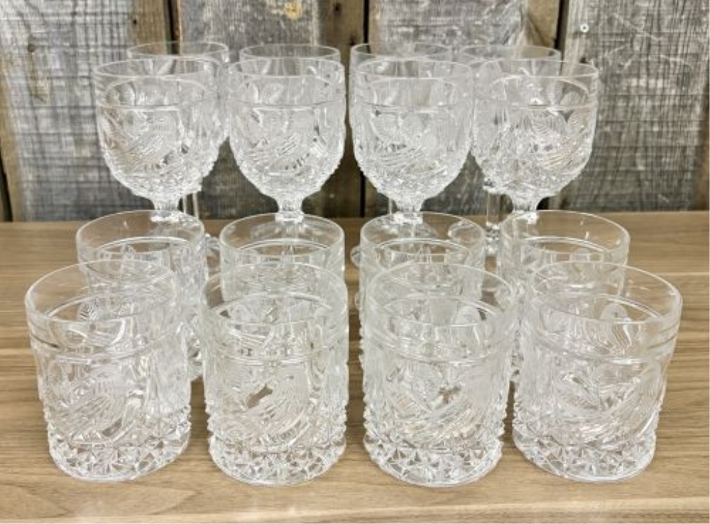 16-Piece Set of Italian Crystal Stemware and Tumblers with Etched Bird and Geometric Patterns