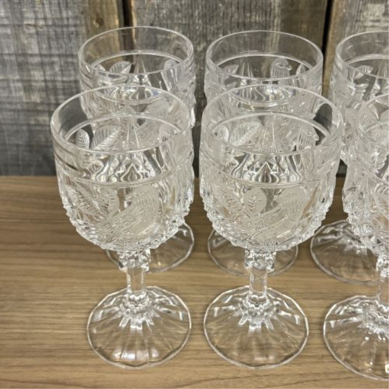 16-Piece Set of Italian Crystal Stemware and Tumblers with Etched Bird and Geometric Patterns