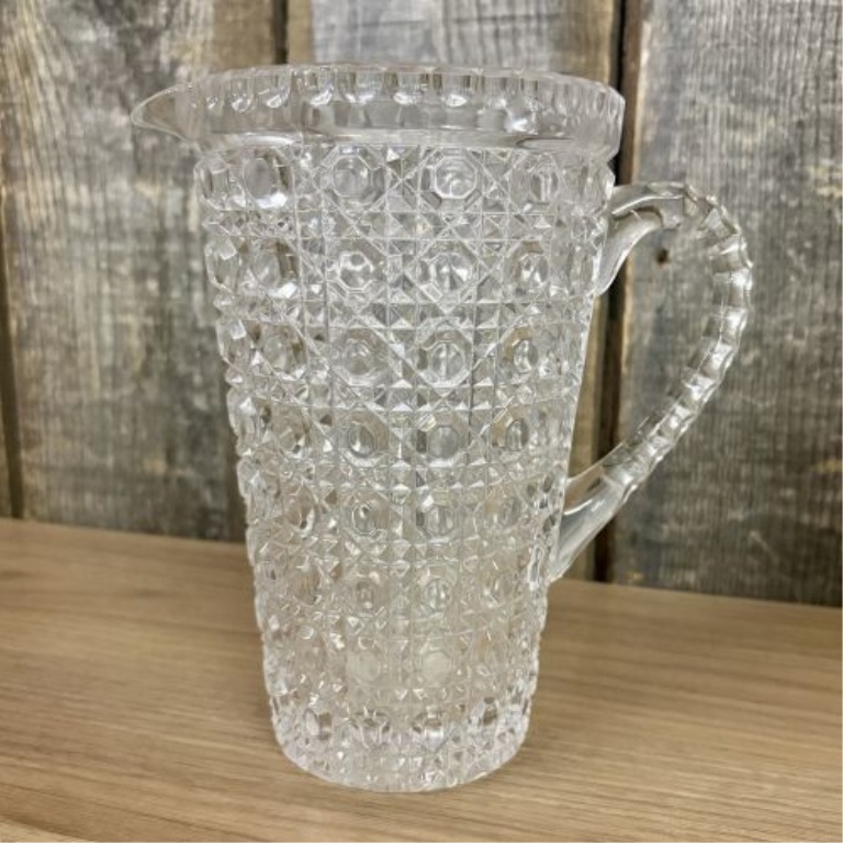 Two Glass Pitchers Including a Teutonic Pattern EAPG Example and an American Brilliant Period Cut Glass Style Pitcher