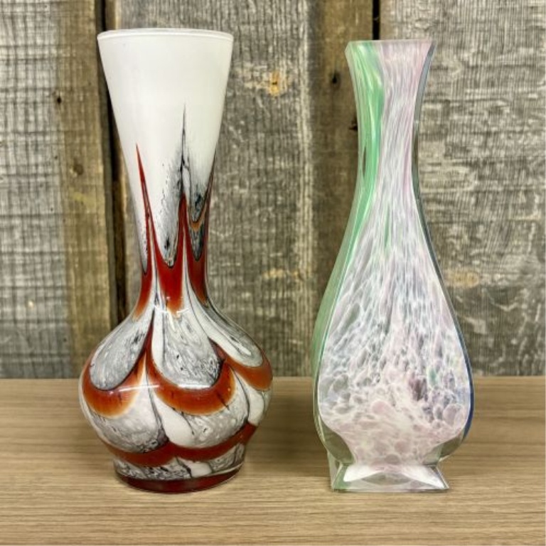 Two Hand Blown Art Glass Vases Including a Carlo Moretti Style Pulled Feather Bud Vase
