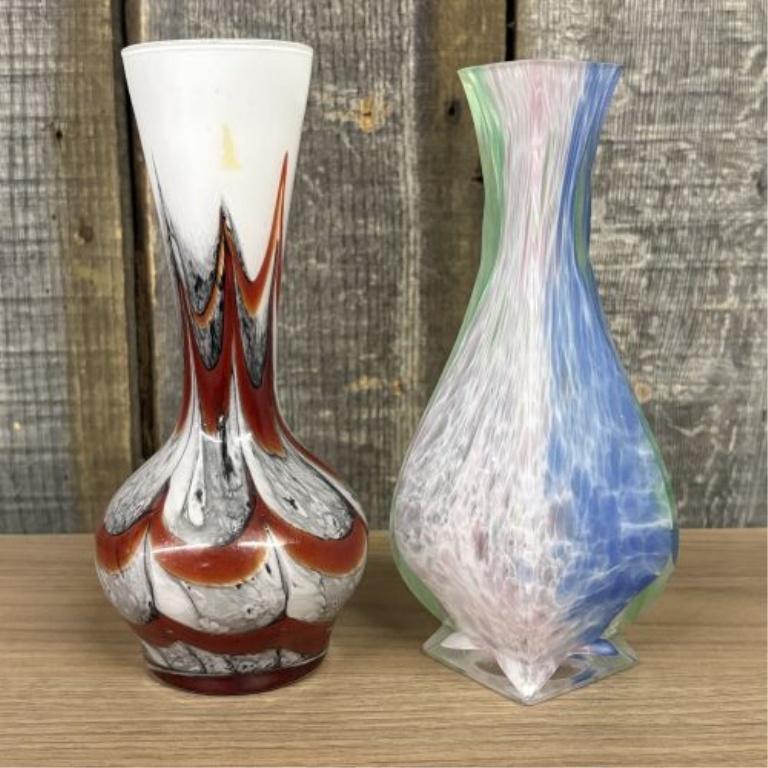 Two Hand Blown Art Glass Vases Including a Carlo Moretti Style Pulled Feather Bud Vase