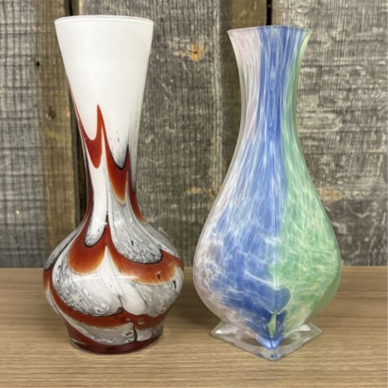 Two Hand Blown Art Glass Vases Including a Carlo Moretti Style Pulled Feather Bud Vase