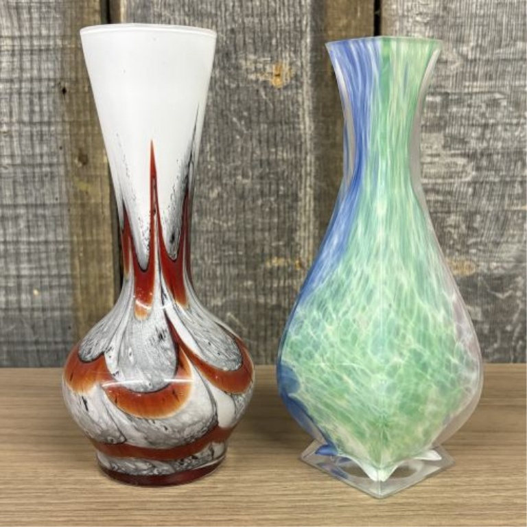 Two Hand Blown Art Glass Vases Including a Carlo Moretti Style Pulled Feather Bud Vase