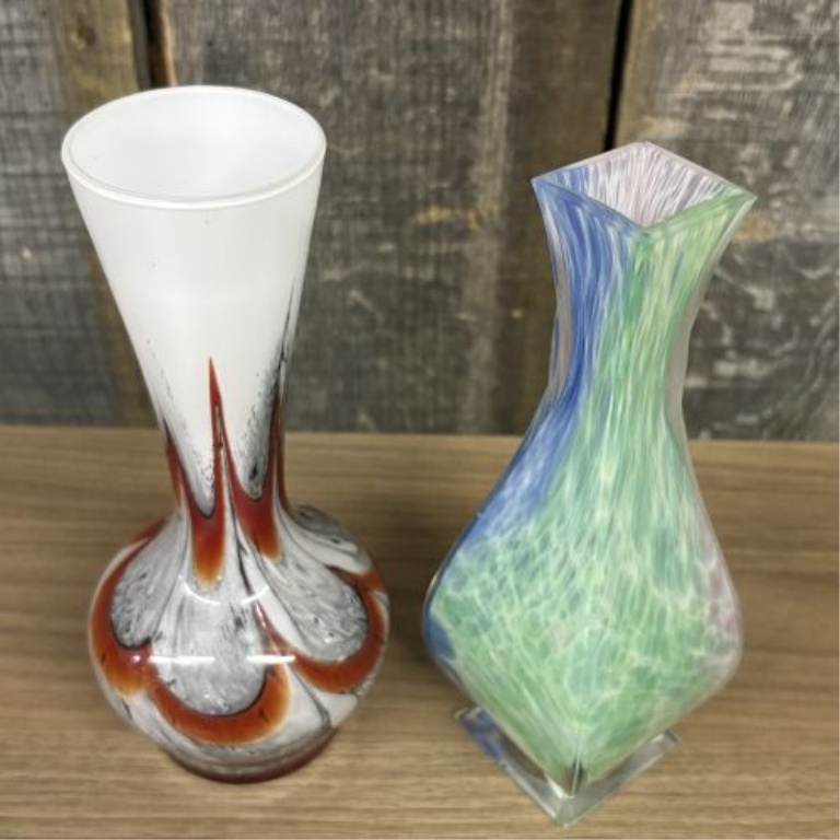 Two Hand Blown Art Glass Vases Including a Carlo Moretti Style Pulled Feather Bud Vase