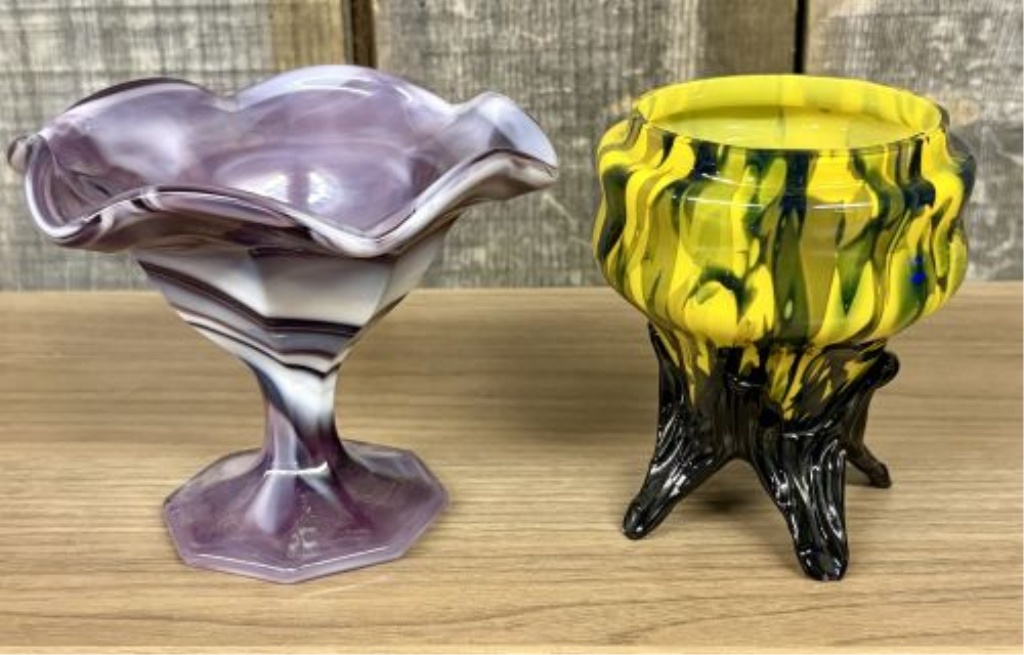 Two Vintage Art Glass Vessels Including a Purple Slag Glass Compote and a Yellow Pulled Art Glass Piece