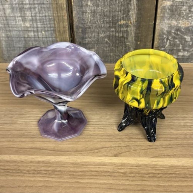 Two Vintage Art Glass Vessels Including a Purple Slag Glass Compote and a Yellow Pulled Art Glass Piece