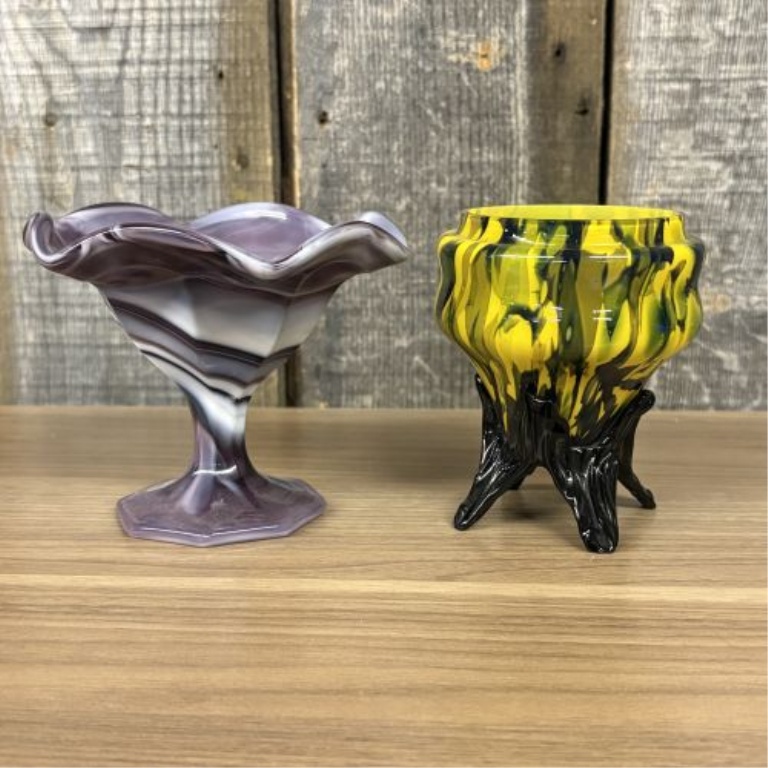 Two Vintage Art Glass Vessels Including a Purple Slag Glass Compote and a Yellow Pulled Art Glass Piece