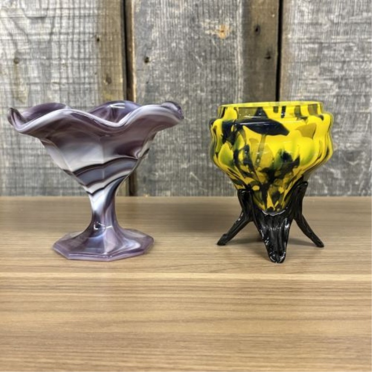 Two Vintage Art Glass Vessels Including a Purple Slag Glass Compote and a Yellow Pulled Art Glass Piece