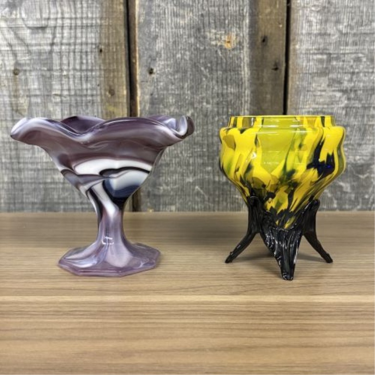 Two Vintage Art Glass Vessels Including a Purple Slag Glass Compote and a Yellow Pulled Art Glass Piece