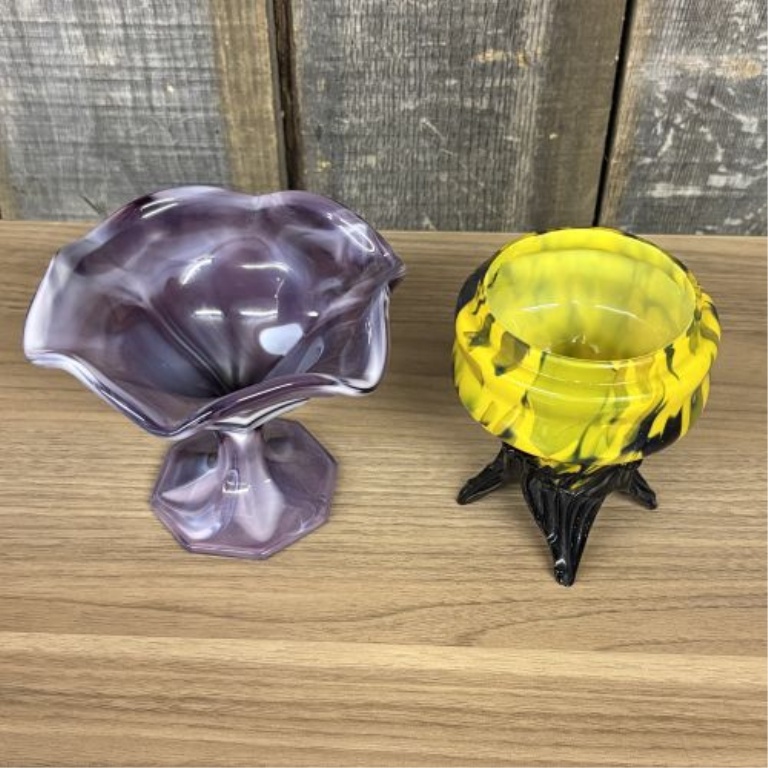 Two Vintage Art Glass Vessels Including a Purple Slag Glass Compote and a Yellow Pulled Art Glass Piece