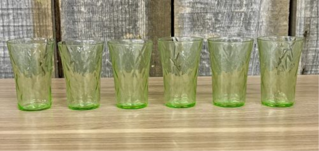 A Set of Six Green Uranium Depression Glass Shot Glasses with Optic Pattern